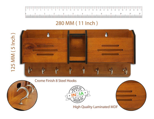 GLOBAL DOUBLE LINE Wooden Wall Key Holder with 8 Hooks & Mobile Stand | Decorative Home & Office Organizer