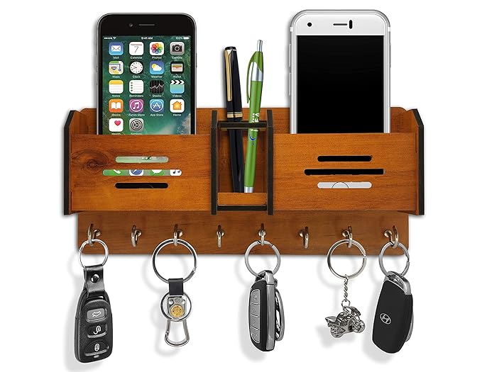 GLOBAL DOUBLE LINE Wooden Wall Key Holder with 8 Hooks & Mobile Stand | Decorative Home & Office Organizer