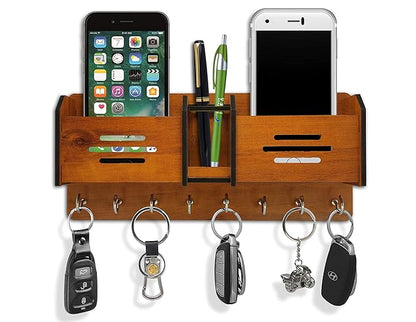 GLOBAL DOUBLE LINE Wooden Wall Key Holder with 8 Hooks & Mobile Stand | Decorative Home & Office Organizer