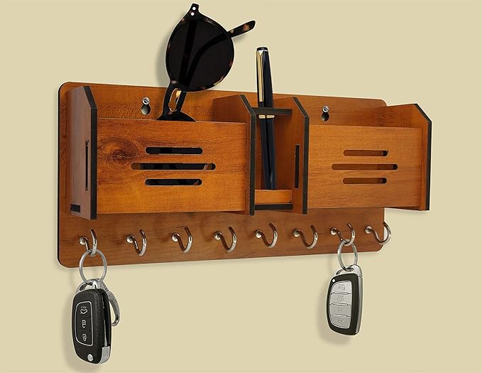 GLOBAL DOUBLE LINE Wooden Wall Key Holder with 8 Hooks & Mobile Stand | Decorative Home & Office Organizer