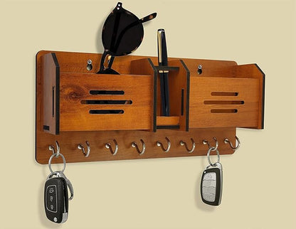 GLOBAL DOUBLE LINE Wooden Wall Key Holder with 8 Hooks & Mobile Stand | Decorative Home & Office Organizer